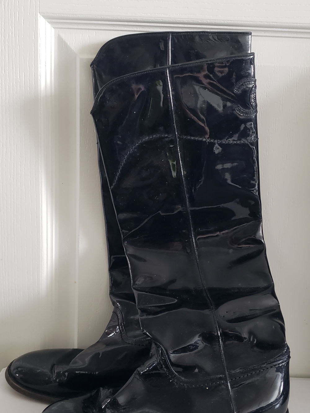 Chanel Patent Leather Knee-High Boots with Embossed Logo - Picture 10 of 14